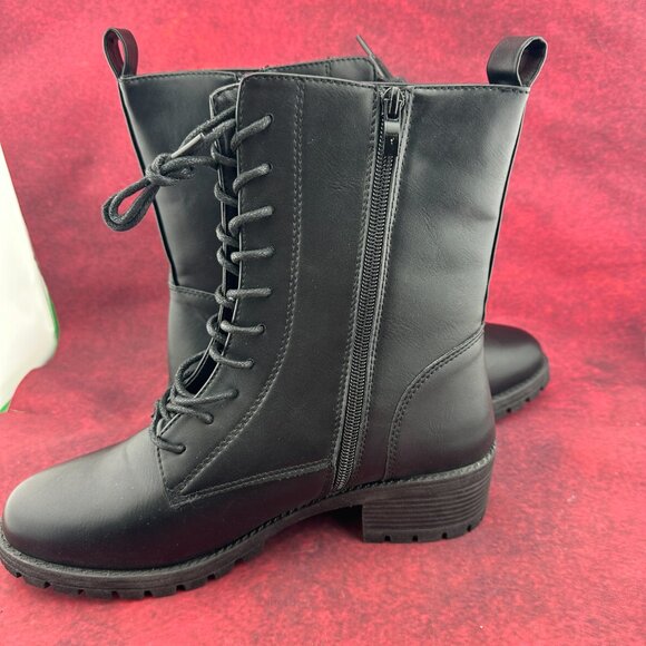 SHELN COMBAT BOOTS LUG SOLE BLACK, MID-CALF, LACE-UP, ZIPPER, BLOCK HEEL, SIZE 9 - Picture 8 of 11